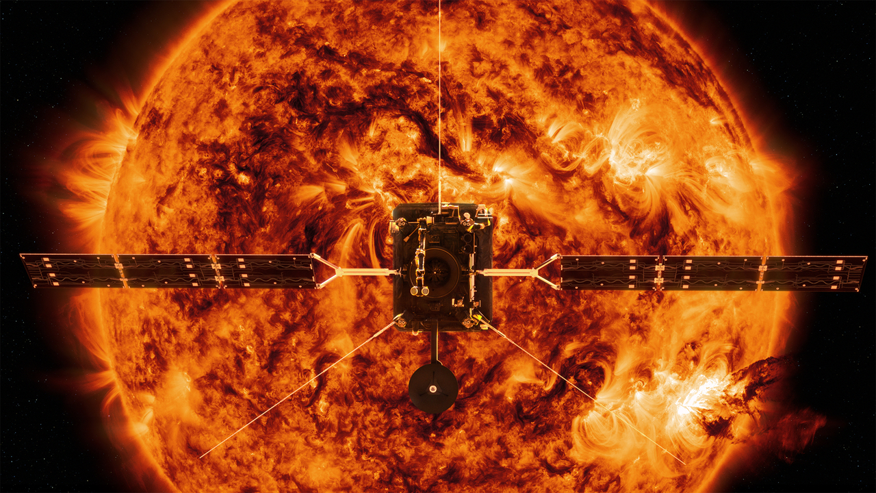 Artists's impression of the Solar Orbiter mission. With a NASA SDO image as background.